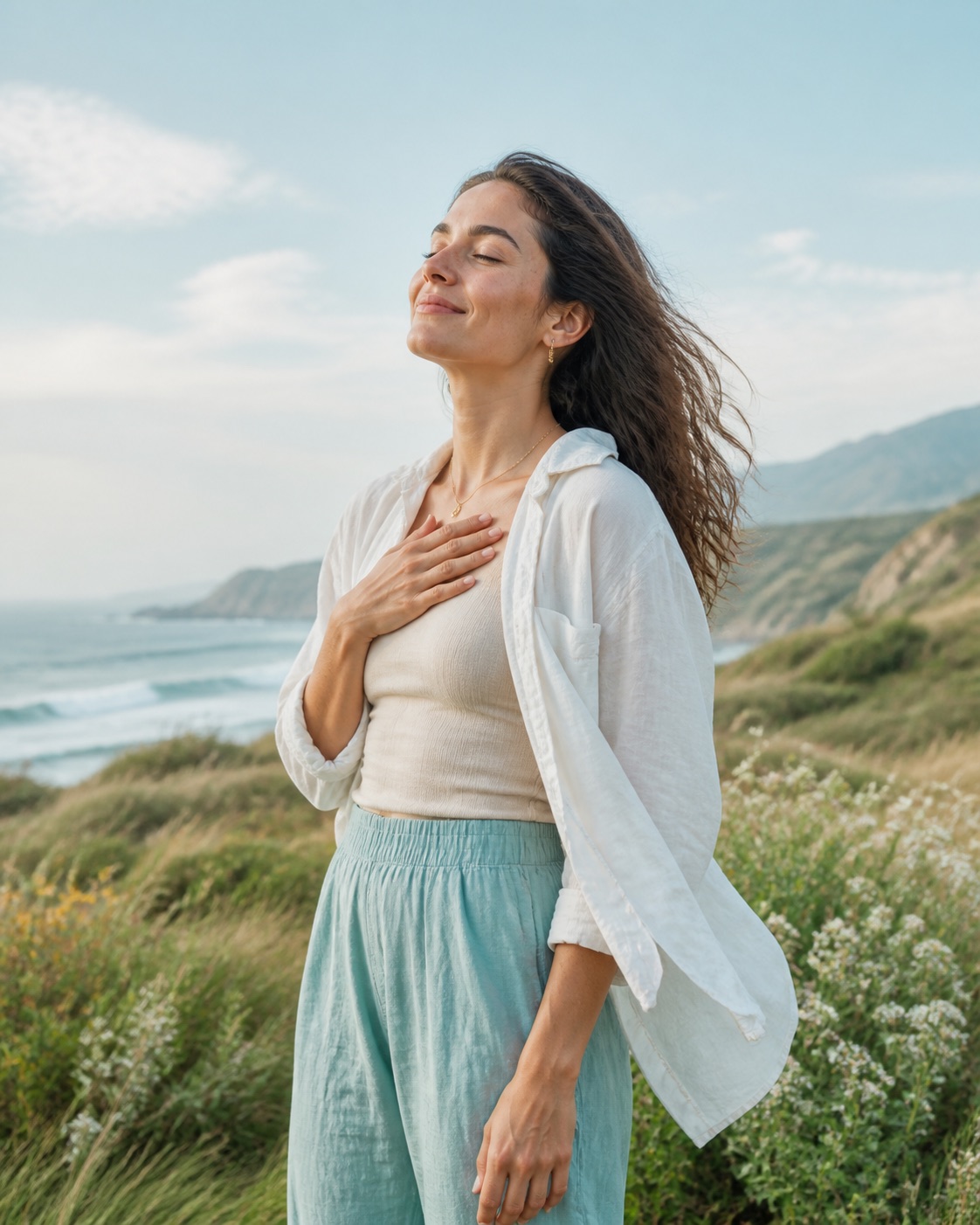 A woman feeling calm, free and renewed in an open coastal landscape